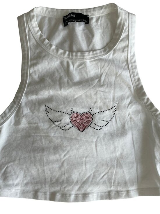 Bershka Tops - Bershka White Rhinestone Heart Wings Crop Tank M-L